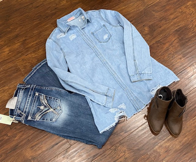 Long Sleeve Distressed Denim Shirt